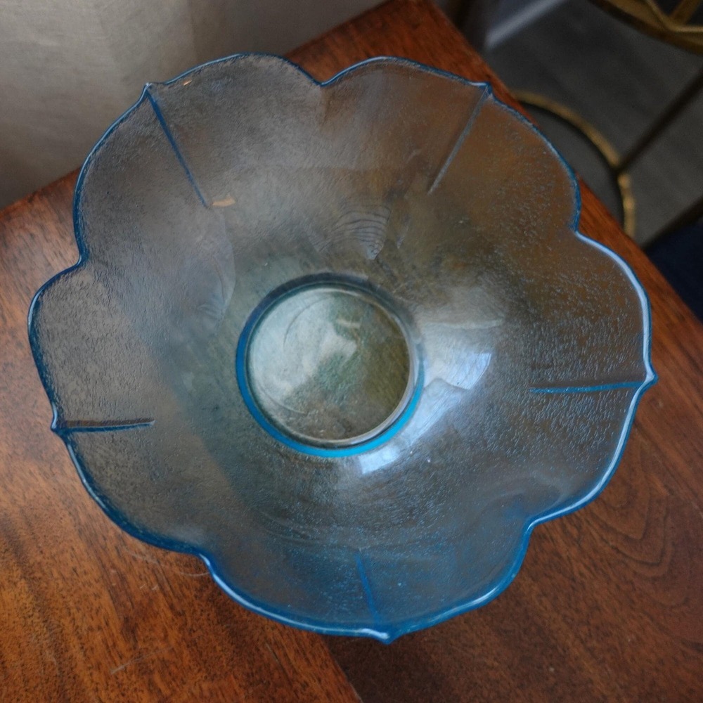 vintage aqua blue‎ textured with a leaf pattern serving bowl pressed glass